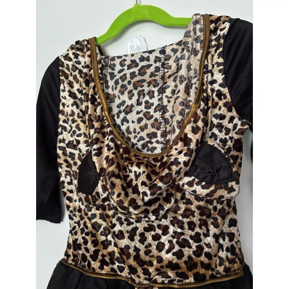 Girls Leopard Cat Costume Size 7-8 Hood Ears Tail Tutu Dress Halloween Cheetah